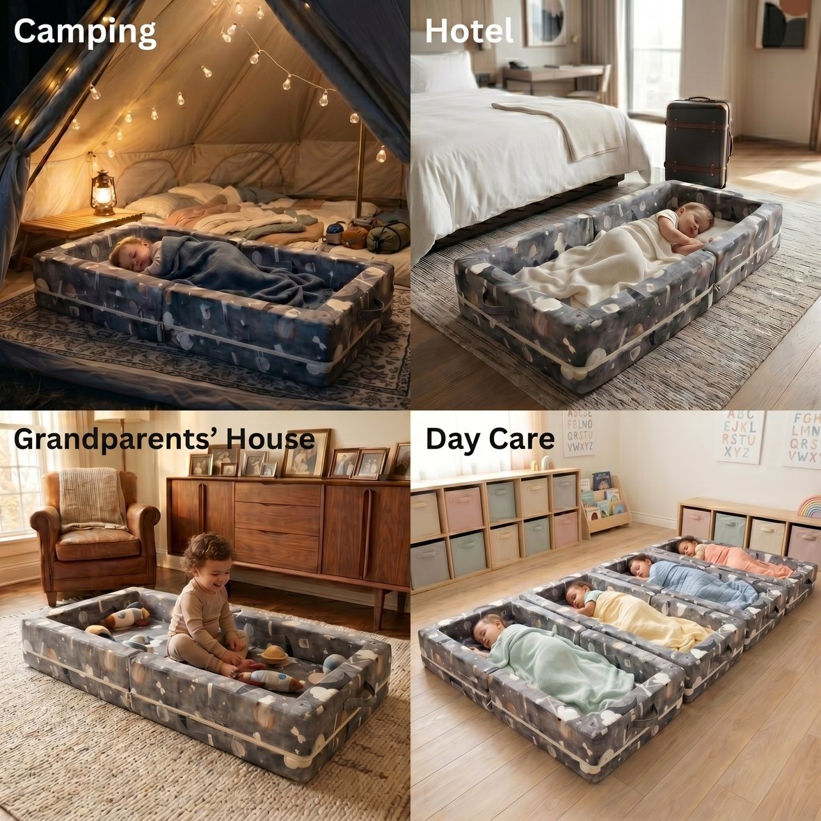 The Foldable Toddler Bed in use while camping, at a hotel, at grandparents' house, and at day care